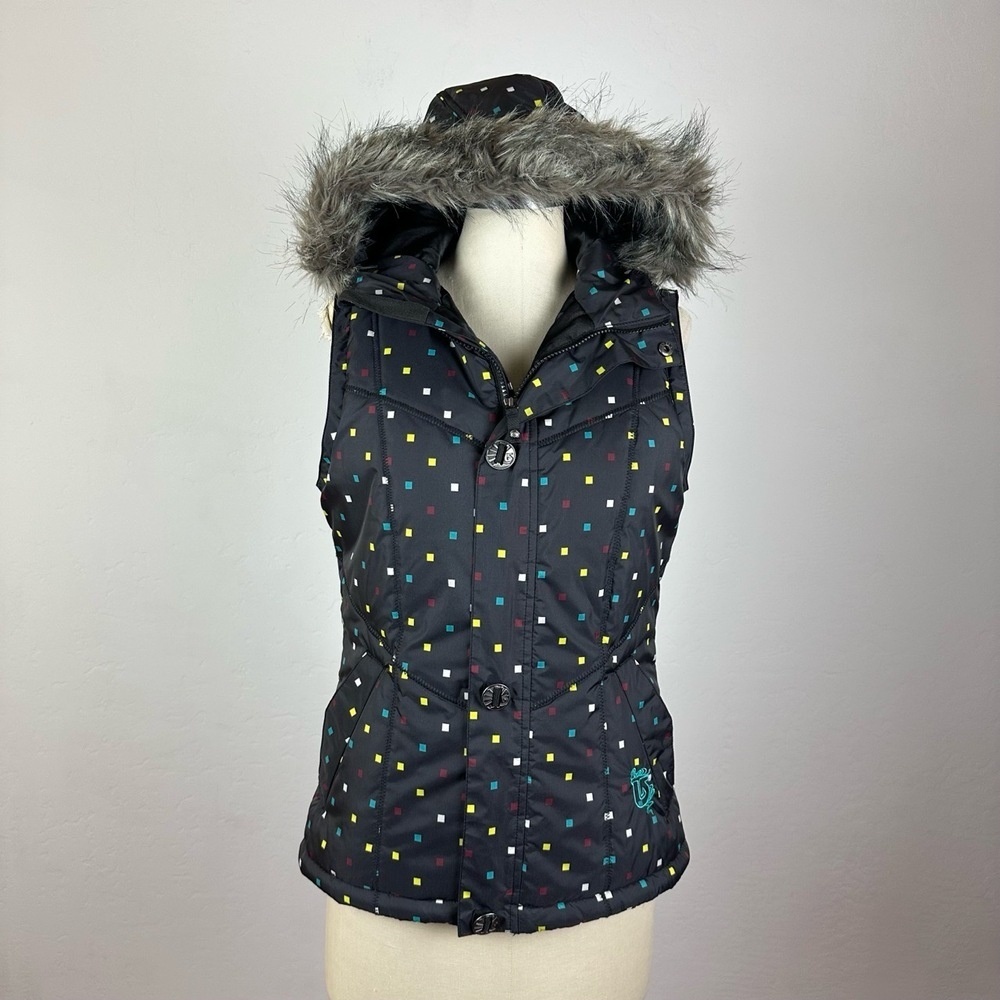 Burton Black Button Hooded Faux Fur Vest Multicolor Pattern Size 19